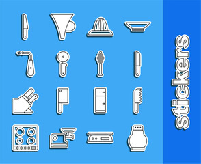 Wall Mural - Set line Salt and pepper, Bread knife, Knife, Citrus fruit juicer, Pizza, Long electric lighter, and Honey dipper stick icon. Vector