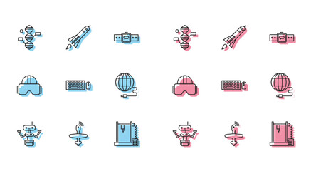 Poster - Set line Robot, UAV Drone, DNA symbol, 3D printer, Keyboard and mouse, Social network, Virtual reality glasses and Rocket ship with fire icon. Vector