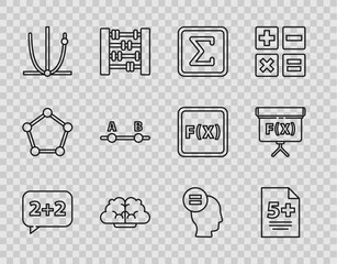 Sticker - Set line Graph, schedule, chart, diagram, Calculator, Geometric figure Square, Ringing bell, Test exam sheet, and Cube icon. Vector