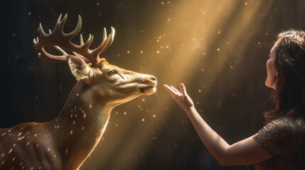 Wall Mural - The girl stretches her hand to the deer