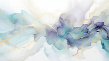 Abstract Marbled Ink Liquid Fluid Watercolor Painting Texture Banner Illustration - Soft Blue Purp Petals, Blossom Flower Flowers Swirls Gold Painted Lines, Isolated On White Background, Generative Ai