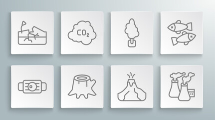 Sticker - Set line Medical protective mask, CO2 emissions in cloud, Tree stump, Volcano eruption with lava, Smoke from factory, Dead fish and Earthquake icon. Vector