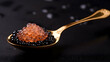 Black Caviar in spoon, top view of sturgeon black caviar close-up. Delicatessen backdrop. Texture of expensive luxury caviar background. Recipe menu restaurant. Generative ai.