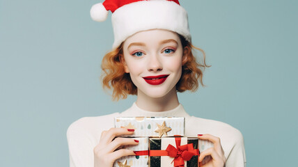 Poster - Young woman in a Santa hat with Christmas presents