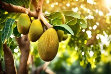 Close Up View ,fresh Jackfruit On Tree In Garden, Sun Light Also Present. 