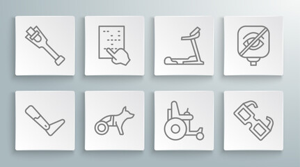 Poster - Set line Prosthesis leg, Braille, Dog in wheelchair, Electric, Eyeglasses, Treadmill machine, Blindness and icon. Vector