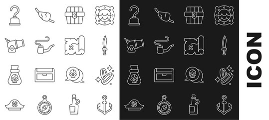 Sticker - Set line Anchor, Pirate coin, sword, Antique treasure chest, Smoking pipe, Cannon, hook and map icon. Vector