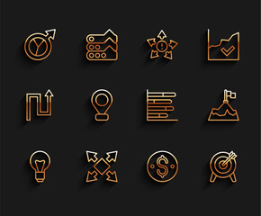 Poster - Set line Light bulb, Many ways directional arrow, Financial growth, Dollar symbol, Target, Location, Mountains with flag and Pie chart infographic icon. Vector