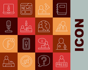 Wall Mural - Set line Journalist news, Breaking, Crime, Interview, Microphone, Information and World icon. Vector