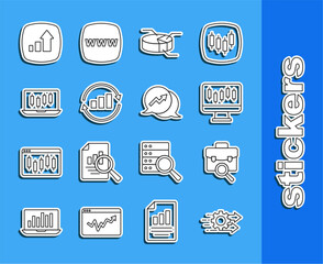 Sticker - Set line Time management, Work search, Stocks market growth graphs, Pie chart infographic, Graph, Financial and icon. Vector