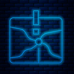 Poster - Glowing neon line Intersection point icon isolated on brick wall background. Vector