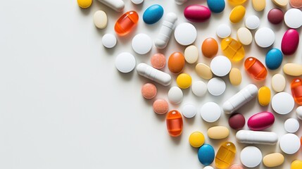 Wall Mural - Top view of different coloured pills and capsules on light background with copy space. Generative AI