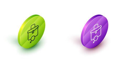 Poster - Isometric line Work for female icon isolated on white background. Business woman work. Green and purple circle buttons. Vector