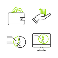 Sticker - Set line Computer monitor with graph chart, Pie infographic, Money hand and Wallet stacks paper money cash icon. Vector