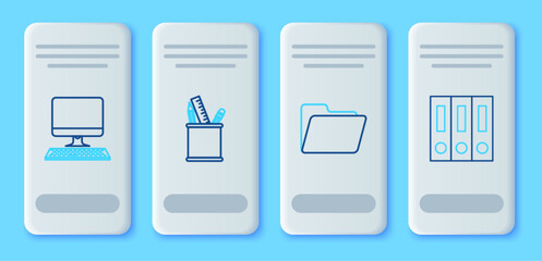 Poster - Set line Pencil case stationery, Document folder, Computer monitor with keyboard and Office folders papers and documents icon. Vector