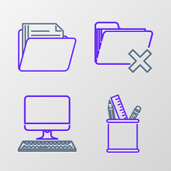 Poster - Set line Pencil case stationery, Computer monitor with keyboard, Delete folder and Document icon. Vector