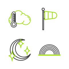 Sticker - Set line Rainbow with clouds, Moon and stars, Cone meteorology windsock wind vane and Thermometer icon. Vector