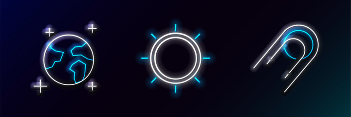 Poster - Set line Satellite, Earth globe and Sun icon. Glowing neon. Vector