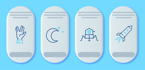 Poster - Set line Moon and stars, Mars rover, Vulcan salute and Rocket ship with fire icon. Vector