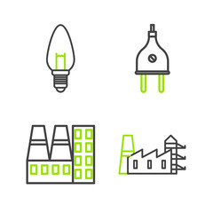Poster - set line power station plant and factory, electric plug and light bulb icon. vector