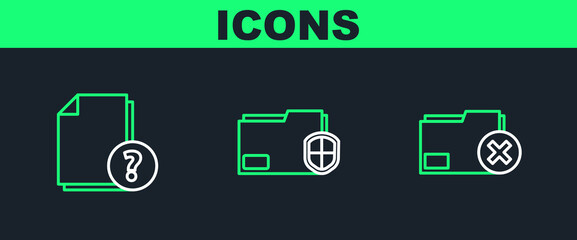 Poster - Set line Delete folder, Unknown document and Document protection icon. Vector