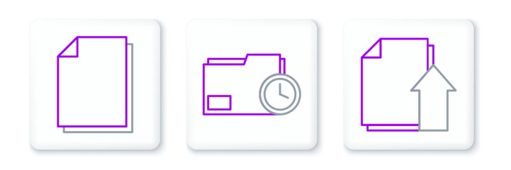 Sticker - Set line Upload file document, Document and folder with clock icon. Vector