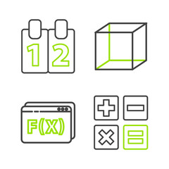 Poster - Set line Calculator, Function mathematical symbol, Geometric figure Cube and Calendar icon. Vector
