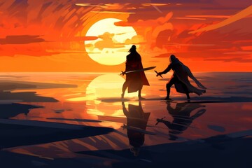 Digital illustration painting design style fighting scence on the beach, against sunset, Generative AI
