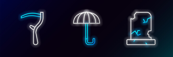 Poster - Set line Old grave with tombstone, Scythe and Umbrella icon. Glowing neon. Vector