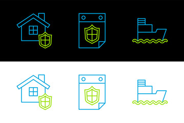 Poster - Set line Ship, House with shield and Calendar icon. Vector