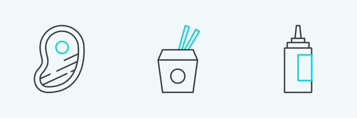 Sticker - Set line Sauce bottle, Steak meat and Asian noodles and chopsticks icon. Vector