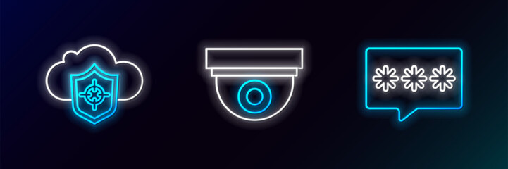 Poster - Set line Password protection, Cloud and shield and Security camera icon. Glowing neon. Vector