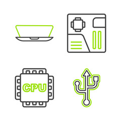 Sticker - Set line USB, Processor with CPU, Motherboard digital chip and Laptop icon. Vector