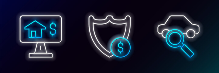 Poster - Set line Car sharing, Online real estate and Shield with dollar icon. Glowing neon. Vector