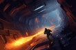 Digital illustration painting design style a star soldier shooting spaceship, against destroyed space corridor, Generative AI