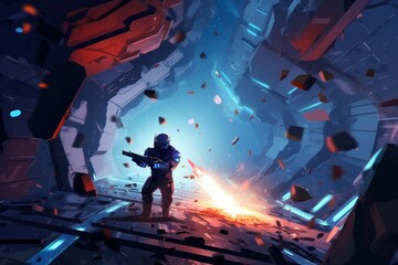 Wall Mural - Digital illustration painting design style a star soldier shooting spaceship, against destroyed space corridor, Generative AI