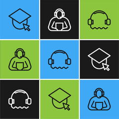 Poster - Set line Graduation cap on globe, Headphones and Student icon. Vector