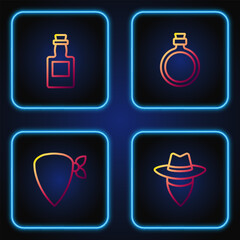 Poster - Set line Cowboy, bandana, Tequila bottle and Canteen water. Gradient color icons. Vector