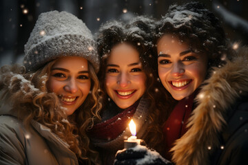 Wall Mural - Group of happy female friends celebrating christmas party