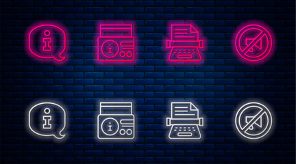 Sticker - Set line News on radio channel, Retro typewriter, Information and Censored stamp. Glowing neon icon on brick wall. Vector