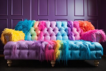 Fashionable comfortable stylish colorful sofa against the wall in the room