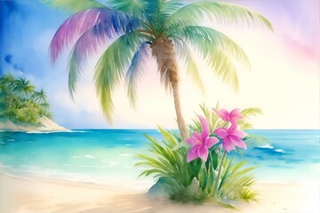 Wall Mural - Watercolor painting of Palms on the beach. AI generated illustration