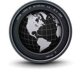 Poster - Camera photo lens with earth globe, The world inside the camera, 3D icon.