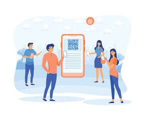 Poster - young people scanning bar code using mobile smart phone for online shopping and payment. flat vector