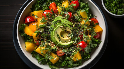 Wall Mural - Detox salad with kale, mango and sprouts in a white bowl. Healthy plant-based diet. Generative AI