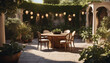 An open-air courtyard features a circular wooden table surrounded by plants and chairs, occupied by no one enjoying a sunny social gathering in nature.