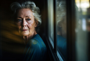 an older woman leaning by a window, dark teal and dark gray, mirror rooms, political