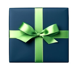 Poster - Vibrant blue gift box with a glossy golden bow on a transparent background, top view. Generative AI