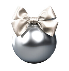 Poster - Shiny silver Christmas ornament with a satin bow on a transparent background, festive holiday decor. Generative AI