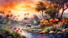Watercolor Painting Style, High Quality, Landscape On An African Tropical Jungle With Trees Next To A River With Giraffes, Elephants And Birds, In Coordinating Colors